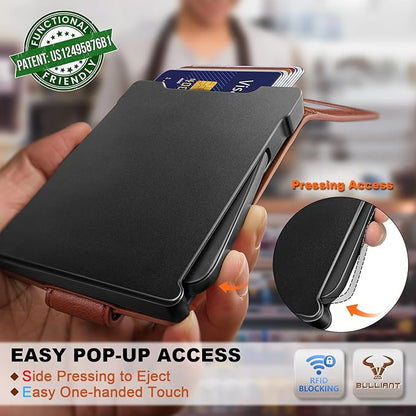 BULLIANT Men Wallet,Metal Case Money Clip with Grain Leather Flip 11 Cards-Pop-up Access Magetic Closure