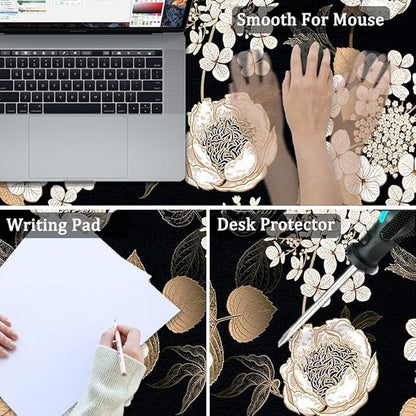 Large Mouse Pad, Desk Mat for Desktop, Dual Side PU Leather Waterproof Gaming Mousepad Desk Pad, Desk Protector Writing Pads Desk Accessories for Office and Home (C-Black Gold Flower, 31.5''X15.8'')