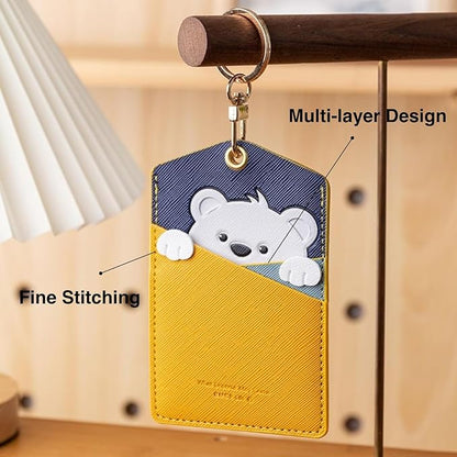 PU Leather ID Badge Holder with Keychain - Cartoon Animal Cute ID Badge Holder, 3 Card Slots for Professionals, Students, Nurse Officer, School Women Girls Boys (Yellow)