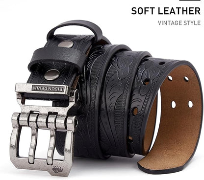 BISON DENIM Men's Belts Leather Dress Genuine Leather Classic Heavy Duty Buckle Belt Casual for Jeans