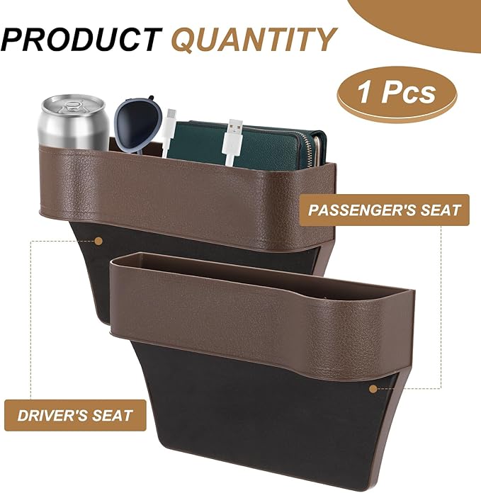 HARFINGTON Car Seat Gap Filler Organizer 10.2 x 6.5 x 2.4 Inch ABS Universal Car Organizer Storage Box Between Seat and Console (Right) with Cup Holders for Phone Sunglasses Keys, Brown