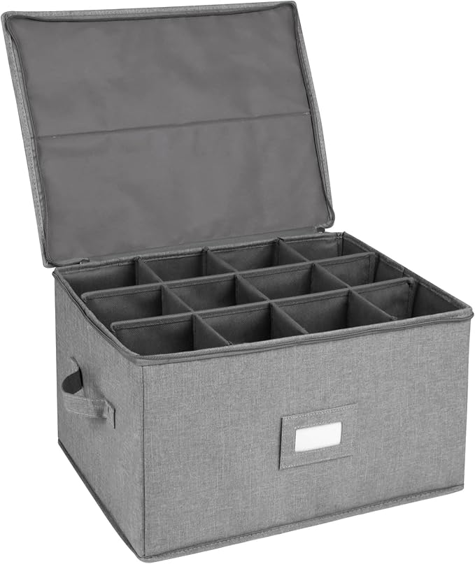 popoly Stemware Storage Cases, Wine Glass Storage Box Containers with Dividers, Stackable China Storage Containers for 12 Wine Glasses, Drinkware, Glassware or Crystal (Light Grey)