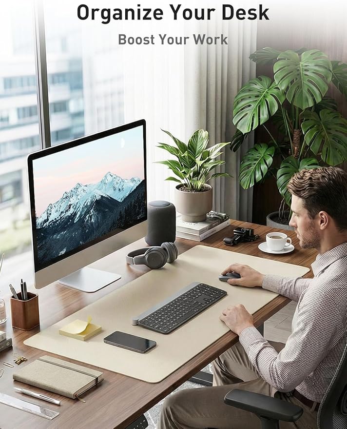 Aothia Faux Leather Desk Mat - Non-Slip PU Leather Desk Blotter, Waterproof Writing Surface, Large Desk Pad for Office & Home (Beige, 55" x 17")