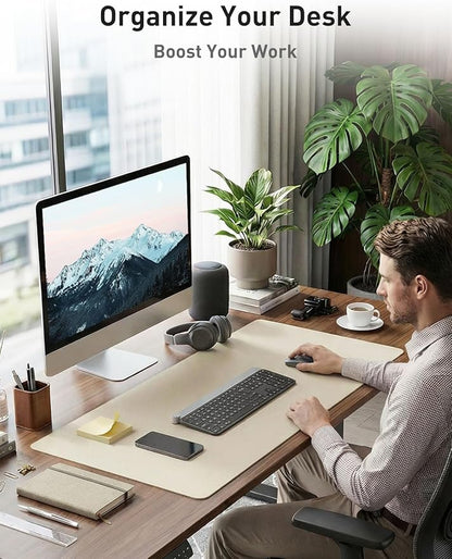 Aothia Faux Leather Desk Mat - Non-Slip PU Leather Desk Blotter, Waterproof Writing Surface, Large Desk Pad for Office & Home (Beige, 55" x 17")