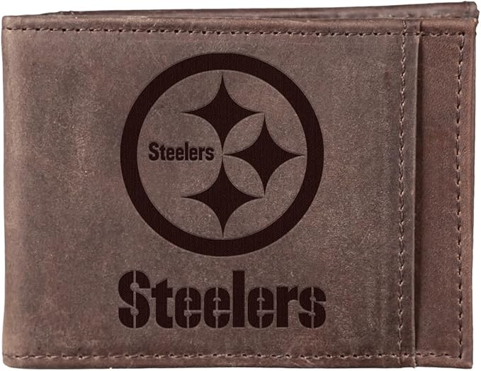 Team Sports America NFL Pittsburgh Steelers Front Pocket Slim Wallet for Men | Minimalist Leather RFID Blocking Bifold Card Holder with Money Clip | Officially Licensed Stamped Logo