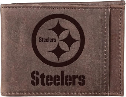 Team Sports America NFL Pittsburgh Steelers Front Pocket Slim Wallet for Men | Minimalist Leather RFID Blocking Bifold Card Holder with Money Clip | Officially Licensed Stamped Logo