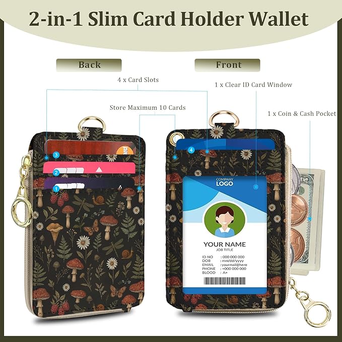 Butterfly Mushroom Lanyard for Id Badge, ID Badge Holder with Neck Wristlet Lanyard, RFID Vintage PU Leather ID Case Wallet with Removable Lanyard Keychain for Teacher Nurse Work Office Gifts