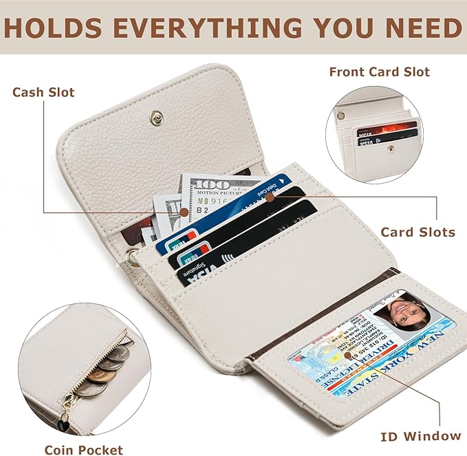 Women Small Wallet RFID Blocking Slim Wallet with Coin Pocket Tri-Fold Credit Card Holder with ID Window and Keychain(Beige)
