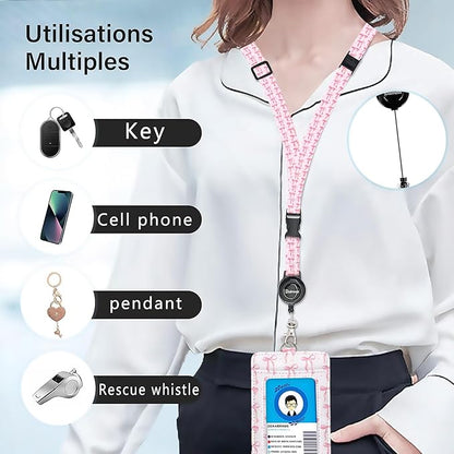 bolimoss Pink Bow Lanyard with ID Holder, Cute Leather ID Name Badge Card Holder with Adjustable Retractable Lanyards, Breakaway Lanyards with Swivel Metal Clasp for Women Nurse Teacher