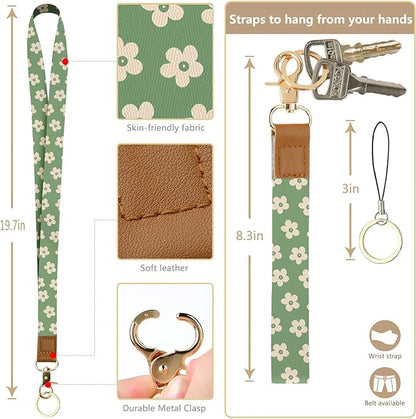 bolimoss Groovy Flowers Lanyard with ID Holder for Women Teacher, Cute Floral ID Badge Holder with Neck Lanyard ID Badge Wallet Case with 1 ID Window, 5 Card Slots, 1 Side Zipper Pocket, Ring Keychain