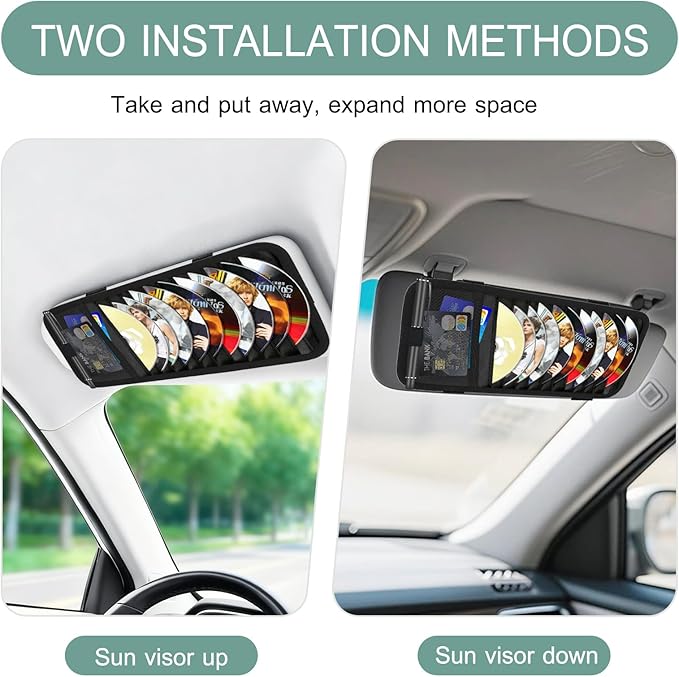 Sun Visor CD Holder, 12-Capacity Car Visor Organizer with DVD Sleeves and Mesh Pocket, Universal Visor Storage for Vehicle CD Case and Pen Holder Ergonomic Design (Black 1 Pcs)