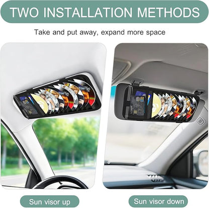 Sun Visor CD Holder, 12-Capacity Car Visor Organizer with DVD Sleeves and Mesh Pocket, Universal Visor Storage for Vehicle CD Case and Pen Holder Ergonomic Design (Black 1 Pcs)