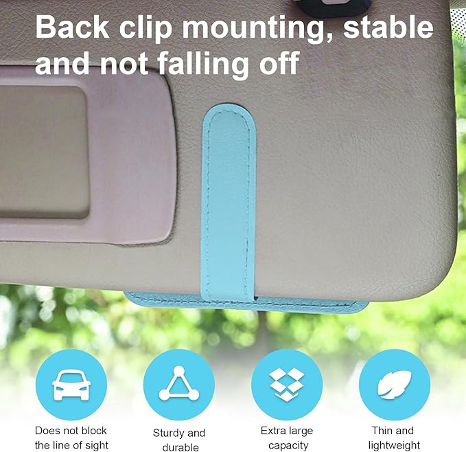 Dickno Small Leather Car Sun Visor Organizer, Multifunctional Auto Visor Document Holder with Sunglasses Clip, Universal Car Interior Organizer for Drving License, Card, Pen (Blue)