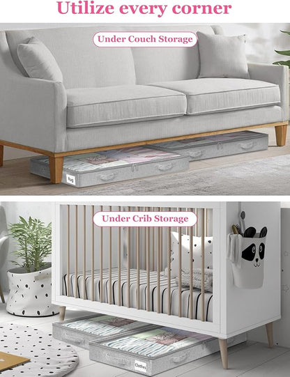 3-Inch High Under Bed Storage Containers, Low Profile Underbed Bins, NO RIGID STRUCTURE, Foldable Clothes Storage Organizer w/Lid & Zipper, Shallow Storage for Low Beds, Couches & Cribs, 2-Pack, Gray