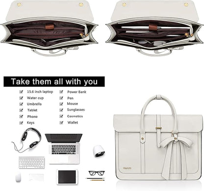 MOSISO Laptop Bag for Women, 15-15.6 inch PU Leather Laptop Shoulder Bags Convertible Backpack, 16 inch Messenger Bags Casual Handbag Work Briefcase Travel Computer Bag with Bowknot, Beige