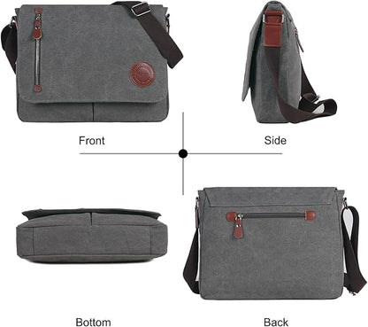 Mactso Vintage Canvas Messenger Bag for Men Women, 13.5 Inch Laptop Satchel Shoulder Bag with Multiple Pockets, Crossbody Bag for Work Travel College (Grey)