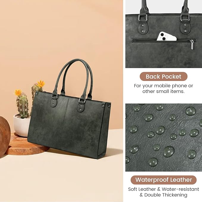 LOVEVOOK Laptop Tote Bag for Women, 15.6 Inch Large Capacity Vintage Leather Work Computer Bag, Business Casual Shoulder Handbag, Dark Green