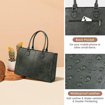 LOVEVOOK Laptop Tote Bag for Women, 15.6 Inch Large Capacity Vintage Leather Work Computer Bag, Business Casual Shoulder Handbag, Dark Green