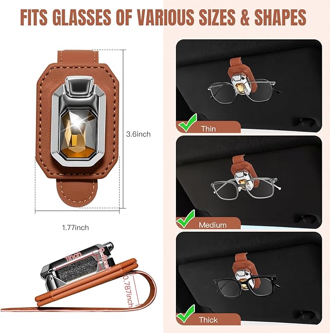 2PCS Sunglass Holder for Car Visor, Faux Leather Eyeglass Holder Clip for Car Sun Visor Organizer, Universal One Handed Operation Sun Glass Hanger, Car Interior Accessories for Women Man