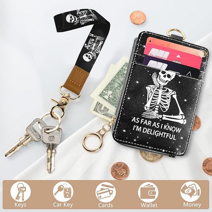 2-in-1 Lanyard Wallet &ID Badge Holder, Breakaway Wristlet & Neck Lanyard with Zip ID Case, Leather ID Card Holder Keychain Name Badge Clip for Worker Nurse Teacher (As Far As I Know I'm Delightful)