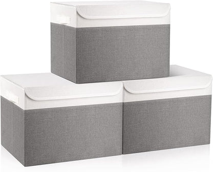 Bagnizer Large 17" 42 Quarts Collapsible Stackable Storage Bins with Lids [3-Pack] Foldable Fabric Linen Storage Boxes Cube, Closet Organizer Baskets with Label (16.7 x 12 x 12, Gray & White)