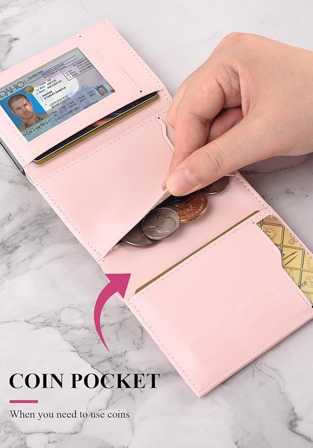 Small Wallet for Men-Pop Up Card Case,with Money Clip Slim Leather Slots Credit Card Holder RFID Blocking Trifold Minimalist Wallet with ID Window and Coin Purse(Pink Small Wallet for Men Gift