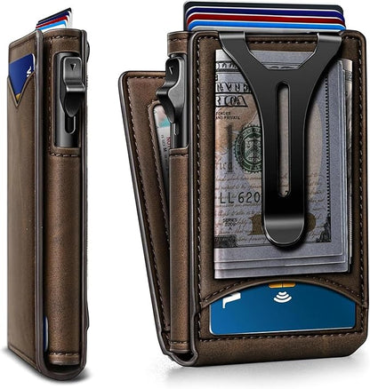 Genuine Leather Wallet for Men Slim Magnetic Flip Bifold with Money Clip and Metal Card Case Holds 9 Cards Ideal for Gifts and Daily Use (Coffee)
