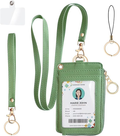 bolimoss 2-in-1 ID Badge Holder & Lanyard Wallet for Women Teacher, PU Leather ID Badge Wallet Case with Detachable Wristlet & Neck Lanyard, Clear Window, 5 Card Slots, 1 Side Zipper Pocket, Green