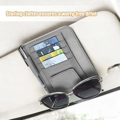 Car Sun Visor Organizer, PU Leather Vehicle Visor Document Storage Pocket for Sunglass Card Pen, Multifunctional Automotive Interior Holder Accessories, Universal Fit (Gray)