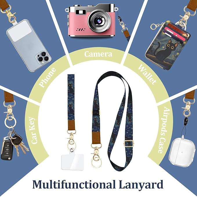 Black Cat Lanyard Wallet with ID Badge Holder, Small RFID Wallet Women Keychain Wristlet, PU Leather Credit Card Holder with Zipper Pocket Phone Lanyard Wrist Strap Teacher Nurse Office