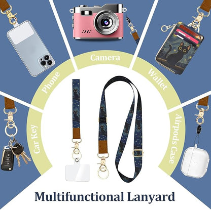 Black Cat Lanyard Wallet with ID Badge Holder, Small RFID Wallet Women Keychain Wristlet, PU Leather Credit Card Holder with Zipper Pocket Phone Lanyard Wrist Strap Teacher Nurse Office