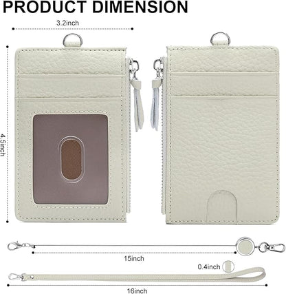 SENDEFN Retractable Badge Holder Wallet, Genuine Leather ID Card Holder with Removable Neck Lanyard Clasp, Five Card Slots, for Office Staff Women