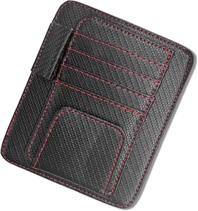 Car Sun Visor Organizer, Multifunctional Auto Visor Document Holder with Sunglasses Clip, Universal Car Interior Accessories Organizer for Drving License, Card, Pen (Carbon Fiber Black&Red)