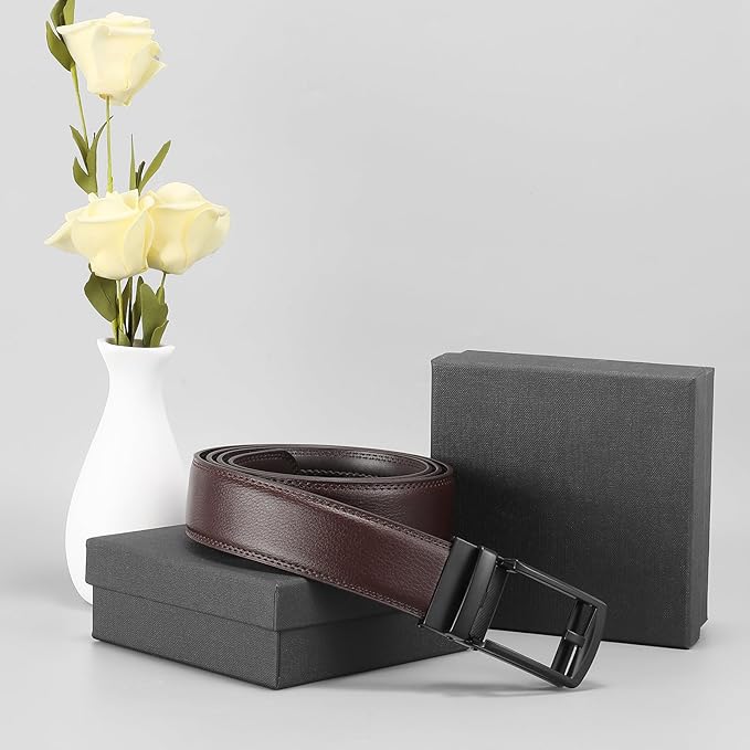 GAEKEAO Ratchet Belt for Men Genuine Leather 1 3/8" - Micro-Adjust Buckle Trim to Fit Dress Belt Casual to Formal Gift Boxed
