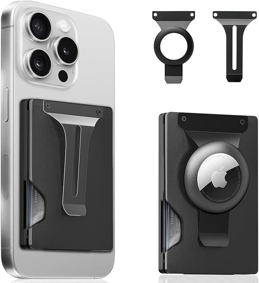 Magnetic Phone Wallet Compatible with Apple MagSafe - Metal Card Holder with AirTag Holder, RFID Blocking & Money Clip Mag Safe Wallet for iPhone 16 15 14 13 12 Pro Max/Pro/Plus/Mini,Matte Black