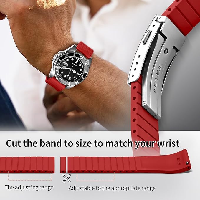 ULLCHRO FKM Rubber Watch Strap, Cut to Size Quick Release Fluororubber Watch Band Soft Replacement Watchband with Silver Milled Clasp for Men Women 18mm 19mm 20mm 21mm 22mm