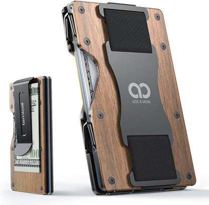 Lamicall Minimalist Metal Wallet for Men - [Mechanical Hinges][15-20 Cards] Capacity Slim Wallets, Credit Card Holder, Money Clip & Cash Strap, RFID, Gifts for Men Father Dad Mom, Metal Wooden Brown