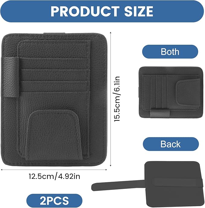 PU Leather Sun Visor Organizer, Car Visor Sunglasses Holder with Card and Pen Pockets, Universal Sunvisor Organizer for Car Truck SUV, Interior Accessories Storage (2PCS)