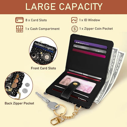 Jogjam Sun and Moon Rfid Women Wallet, Small Slim Thin Credit Card Wallet, PU Leather Bifold Cash Zipper Coin Pocket ID Window for Female Ladies Teen Girls Girly