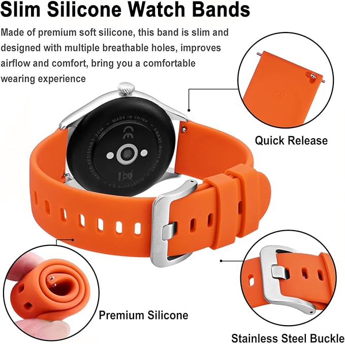 BISONSTRAP Silicone Watch Bands, Slim Watch Straps with Quick Release, 17mm, Orange with Silver Buckle