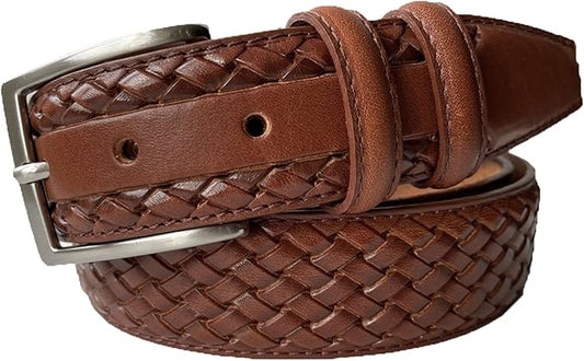 MENS ITALIAN HAND MADE LEATHER BRAID WEAVED EMBOSSED 35MM TROUSER BELT CASUAL FORMAL