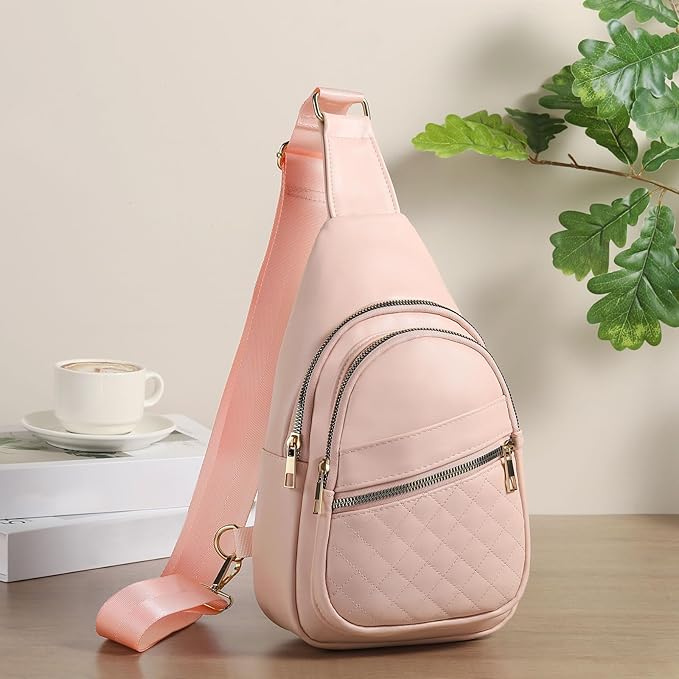 Crossbody Bags for Women Men,Leather Sling Bag Cross Body Backpack for Women, Casual Chest Bag Daypack for Travel Hiking, Pink