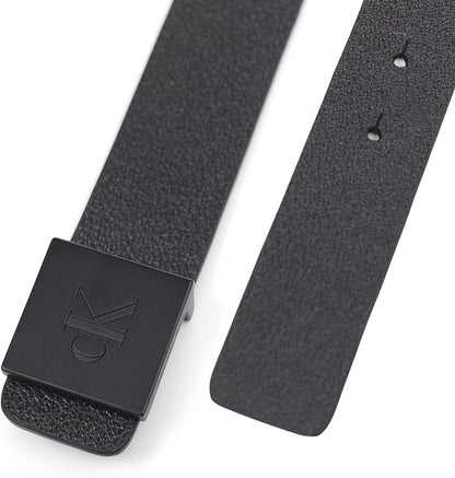 Calvin Klein Men's Plaque Buckle Belt - Casual Modern Style With Logo Detail for Jeans and Dress Pants