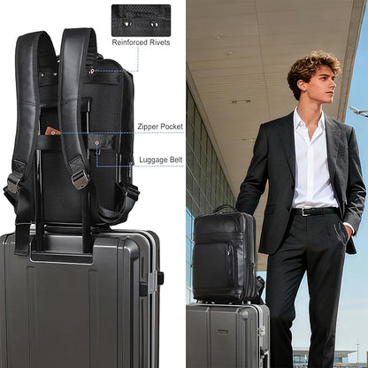 Masa Kawa Black Leather Laptop Backpack for Men Fits 16” 15.6” Computer, Business Travel Work Large Daypack Camping Weekender Bag