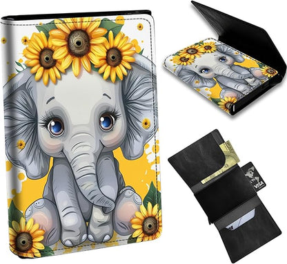Sunflower Elephant Minimalist Wallet for Men, Pop Up Card Case Wallet for Women, PU Leather Automatic Credit Card Holder Metal Money Clip Wallet RFID Blocking Bifold Pocket Wallet