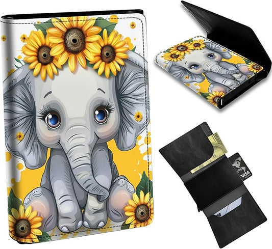 Sunflower Elephant Minimalist Wallet for Men, Pop Up Card Case Wallet for Women, PU Leather Automatic Credit Card Holder Metal Money Clip Wallet RFID Blocking Bifold Pocket Wallet