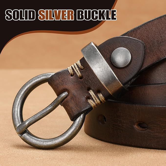 SANSTHS Womens Genuine Leather Belts for Jeans Pants Trendy Vintage Thin Leather Belt Gold Buckle Ladies Skinny Waist Belt