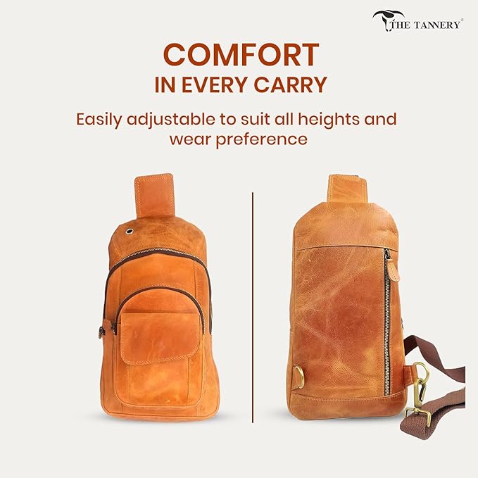 The Tannery Handmade Buffalo Leather Multipurpose Travel Hiking Crossbody Chest Backpack with Adjustable Shoulder Strap, Thanks Giving (Camel Brown, Large)