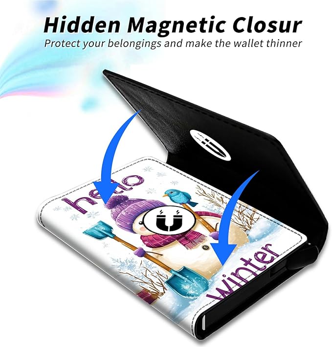 Minimalist Wallet for Men's Card Holders, Pop-Up Card Case Durable Wallets for Women, Leather Automatic Credit Card Holder with Metal Money Clip RFID Blocking Bifold Pocket, Winter Snowman
