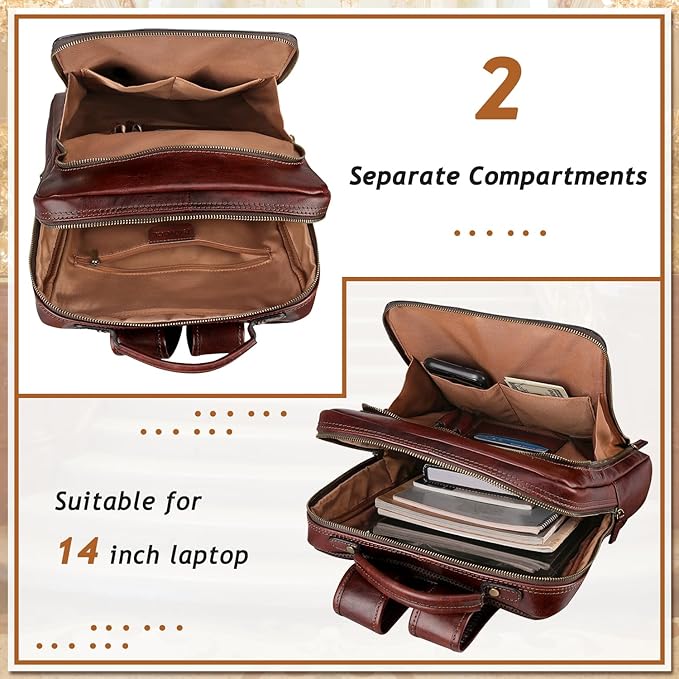 Banuce Full Grain Italian Leather Backpack for Men Laptop Backpack for Business Work Travel with Luggage Strap and Adjustable Strap Vintage Brown